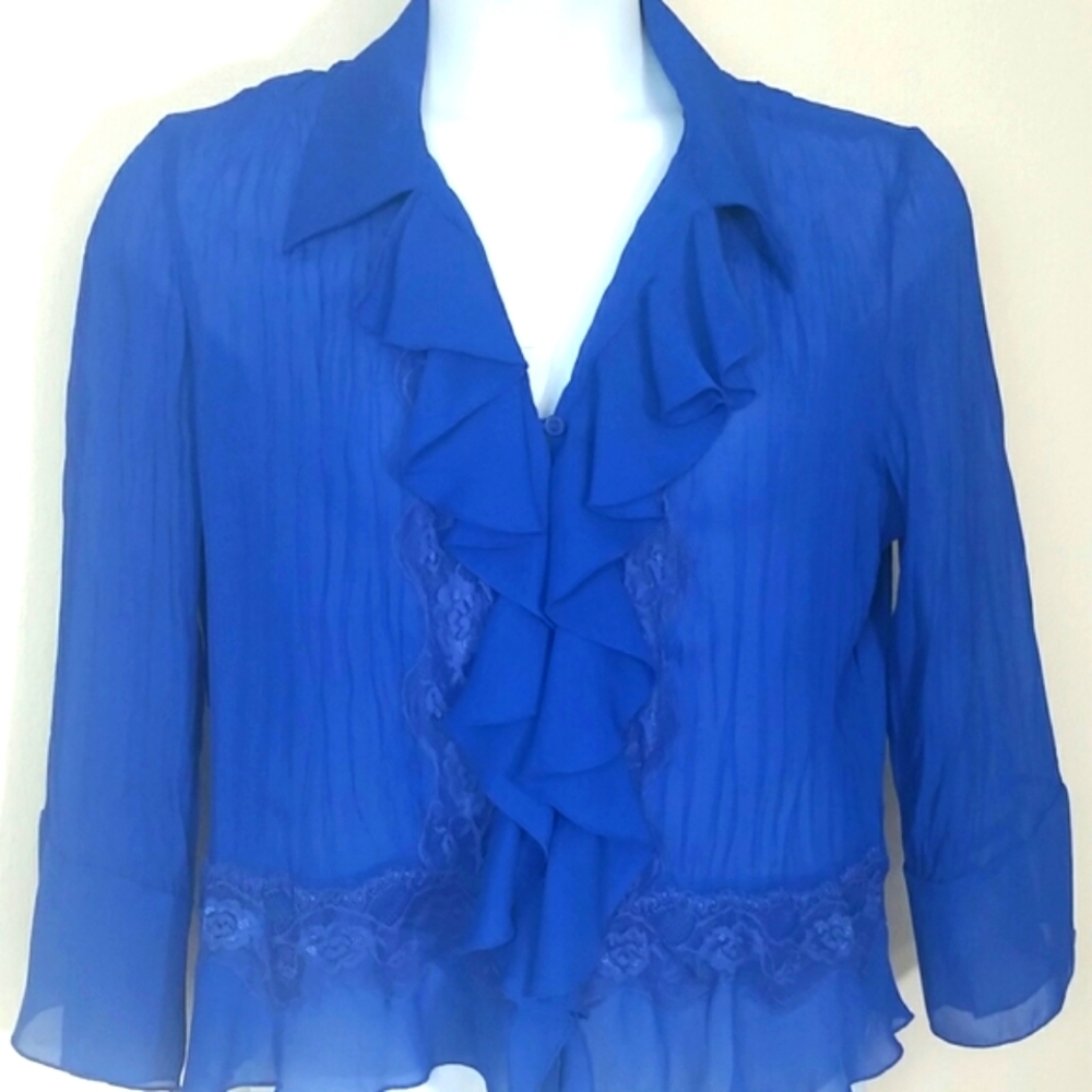 Top blouse shirt royal blue Ruffles long sleeve button-down sz Large